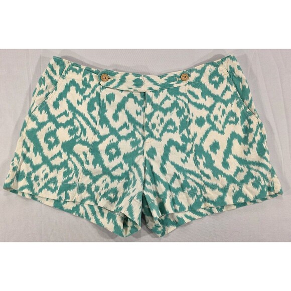 Ann Taylor LOFT Womens Shorts Linen Cotton Pockets Ikat Natural Green Size 12 - Picture 1 of 11